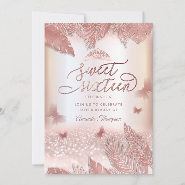 Rose gold tropical leaves glitter butterfly tiara  invitation (Front)