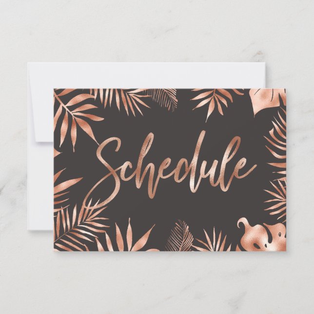 Rose Gold Tropical Palm Leaves Wedding Schedule Invitation (Front)
