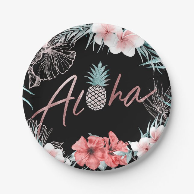 Rose Gold Tropical Pineapple Botanical Aloha Luau Paper Plate (Front)