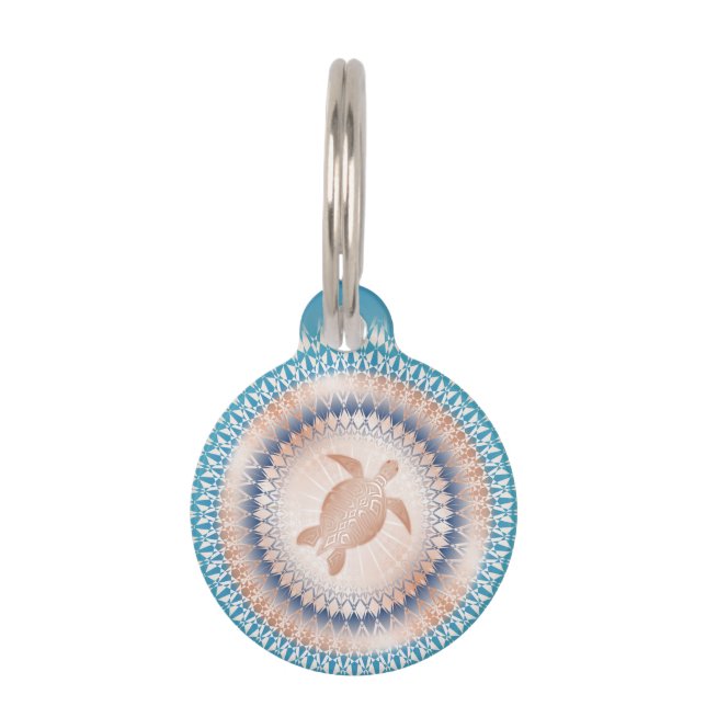 Rose Gold Turquoise Turtle Mandala Pet Tag (Front)