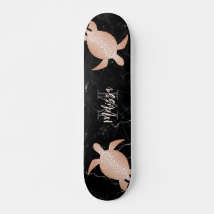 Rose Gold Turtle Black Marble Monogram Skateboard