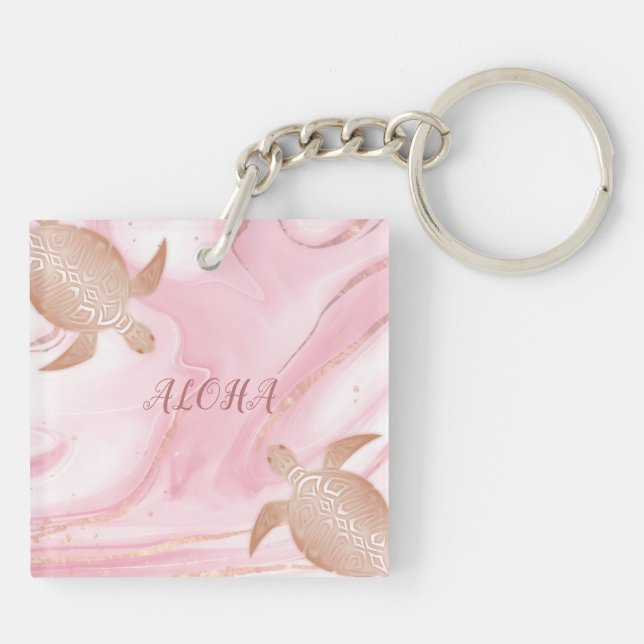 Rose Gold Turtle Blush Marble Aloha Key Ring (Back)