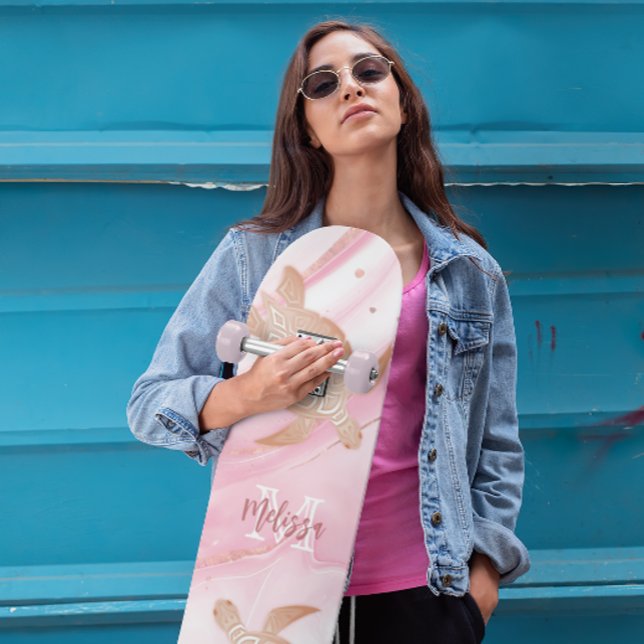 Rose Gold Turtle Pink Marble Ink Your Name Skateboard (Creator Uploaded)