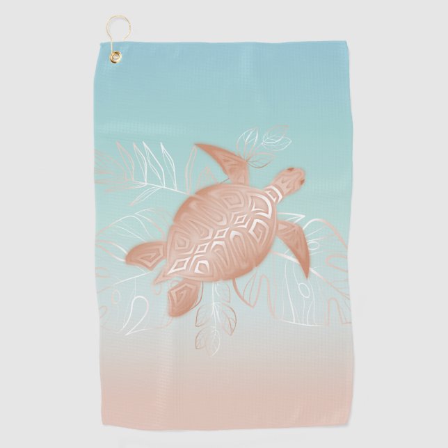 Rose Gold Turtle Tropical Leaves Golf Towel (Front)