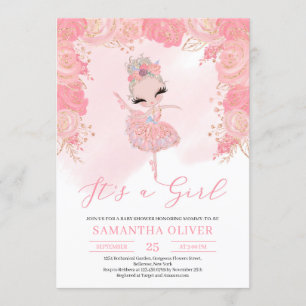 Rose gold tutu ballerina blush bloral Baby Shower Invitation