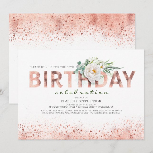Rose Gold Typography and White Flowers Birthday Invitation (Front/Back)