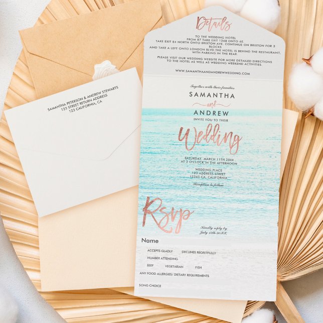Rose gold typography beach photo wedding all in one invitation (Creator Uploaded)