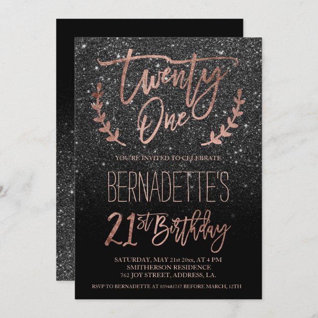 Rose gold typography black glitter 21st Birthday Invitation (Front/Back)