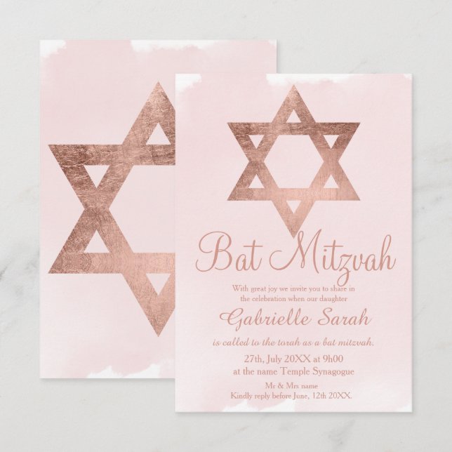 Rose gold typography blush pink Bat Mitzvah Invitation (Front/Back)