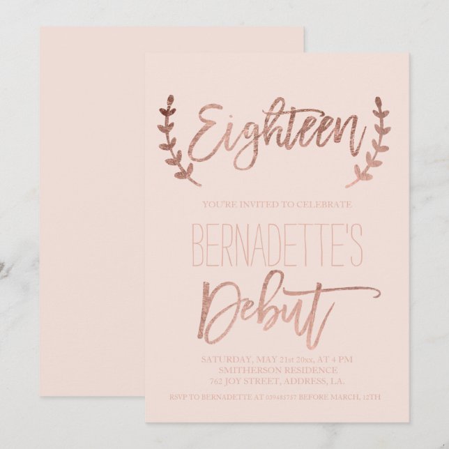 Rose gold typography debut blush 18th Birthday Invitation (Front/Back)