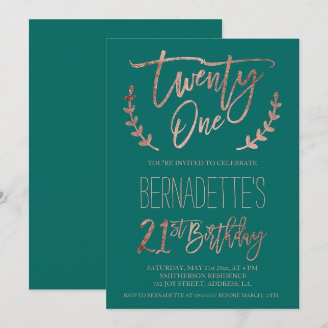 Rose gold typography feathers green 21st Birthday Invitation (Front/Back)