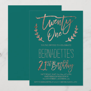 Rose gold typography feathers green 21st Birthday Invitation