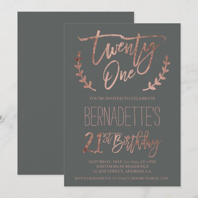 Rose gold typography feathers grey 21st Birthday Invitation (Front/Back)