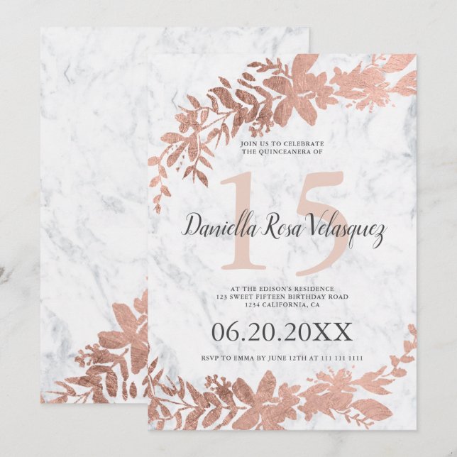 Rose gold typography Floral blush pink quinceanera Invitation (Front/Back)