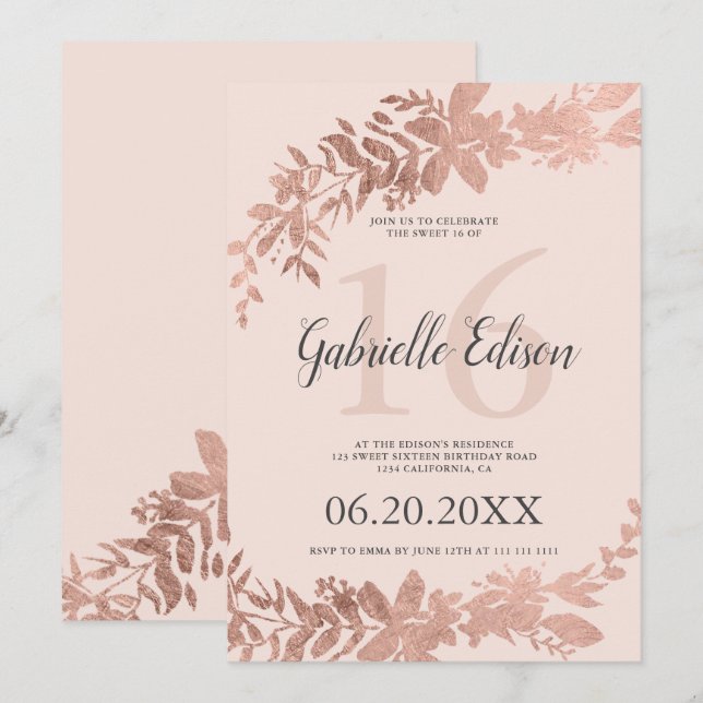 Rose gold typography Floral blush pink Sweet 16 Invitation (Front/Back)