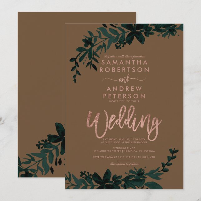 Rose gold typography Floral brown wedding Invitation (Front/Back)