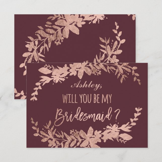 Rose Gold typography Floral burgundy bridesmaid Invitation (Front/Back)