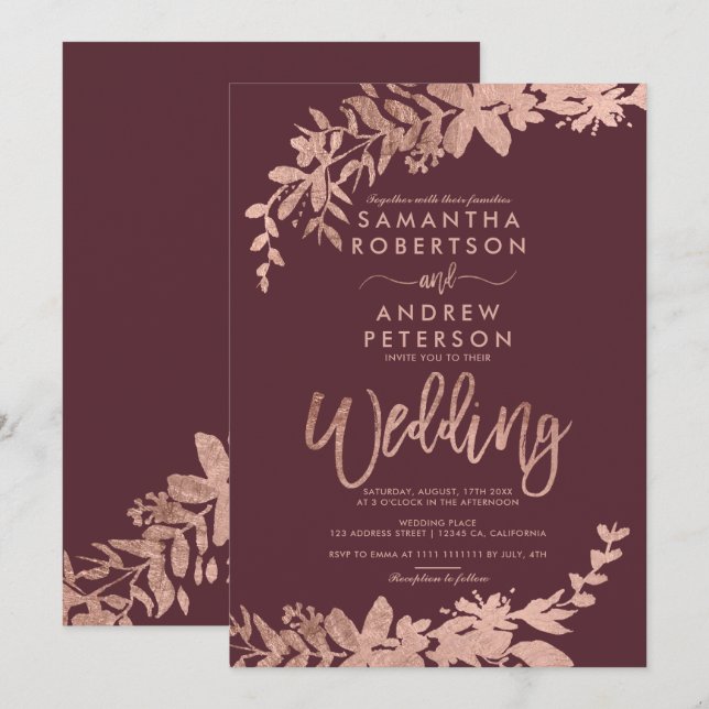 Rose Gold typography floral burgundy chic wedding Invitation (Front/Back)