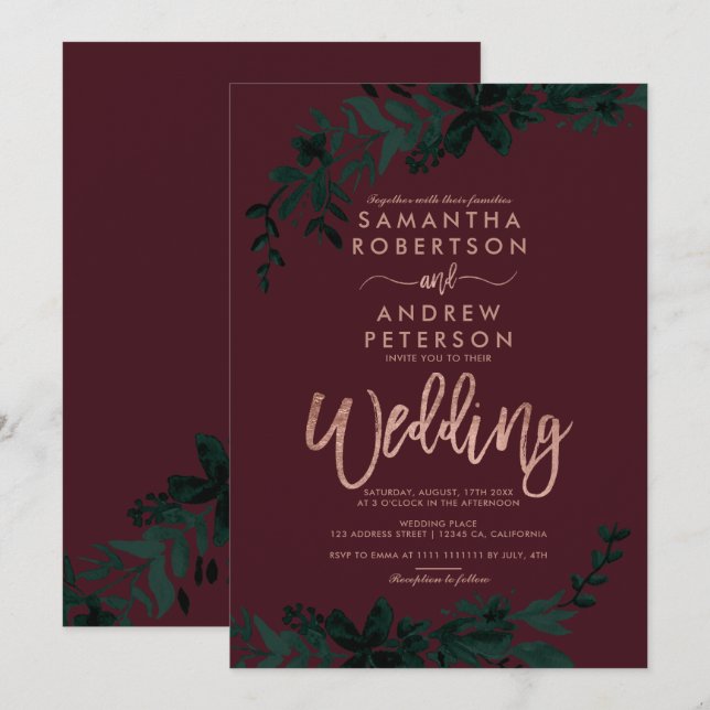 Rose gold typography Floral burgundy wedding Invitation (Front/Back)