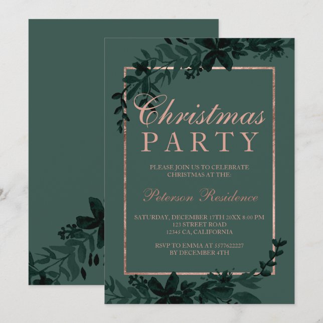 Rose gold typography Floral green leaf Christmas Invitation (Front/Back)