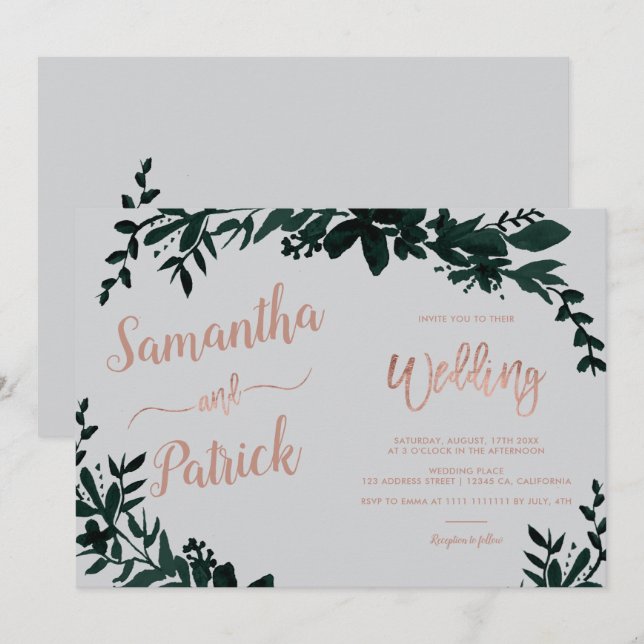 Rose gold typography Floral grey wedding landscape Invitation (Front/Back)