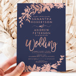 Rose gold typography Floral navy blue wedding Invitation<br><div class="desc">Rose gold typography Floral navy blue wedding  invitation with hand painted rose gold foliage. The blue background is fully customisable</div>