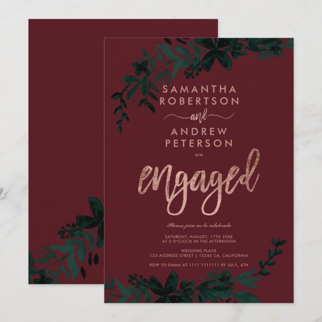 Rose gold typography Floral red engagement party Invitation (Front/Back)
