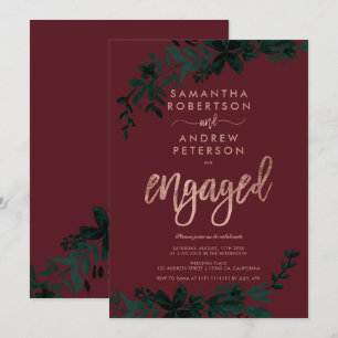 Rose gold typography Floral red engagement party Invitation