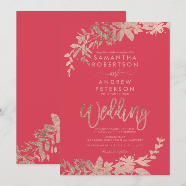 Rose Gold typography floral red pink wedding Invitation (Front/Back)