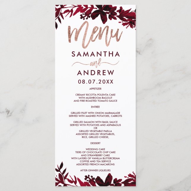 Rose gold typography Floral red wedding menu (Front)