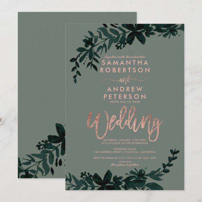 Rose gold typography Floral sage green wedding Invitation (Front/Back)