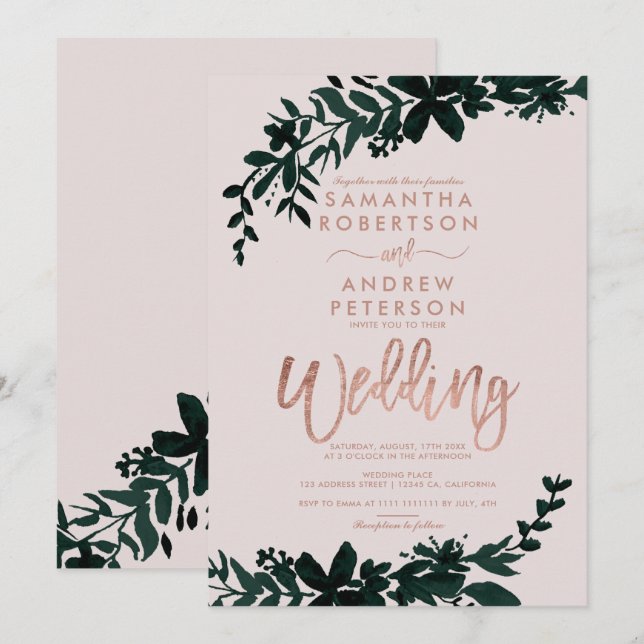 Rose gold typography Floral soft peach wedding Invitation (Front/Back)