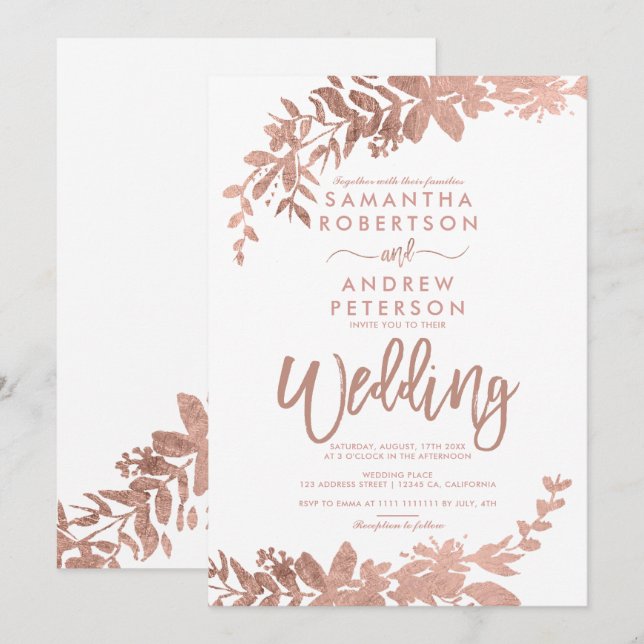 Rose Gold typography floral white chic wedding Invitation (Front/Back)