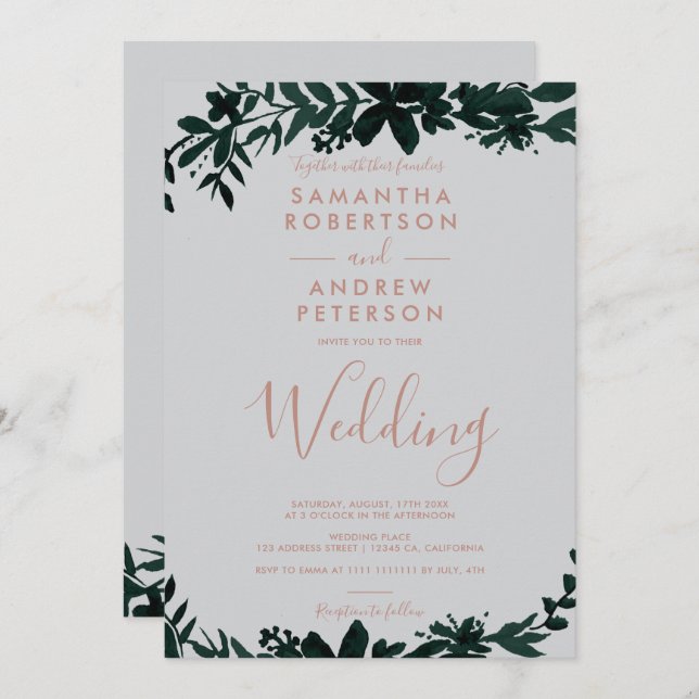 Rose gold typography green Floral grey wedding Invitation (Front/Back)