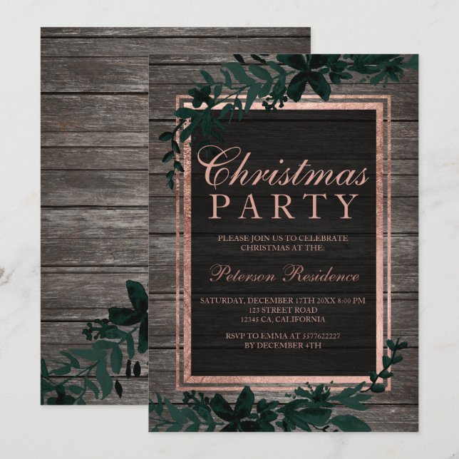 Rose gold typography green leaf wood Christmas Invitation (Front/Back)