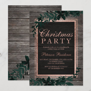 Rose gold typography green leaf wood Christmas Invitation