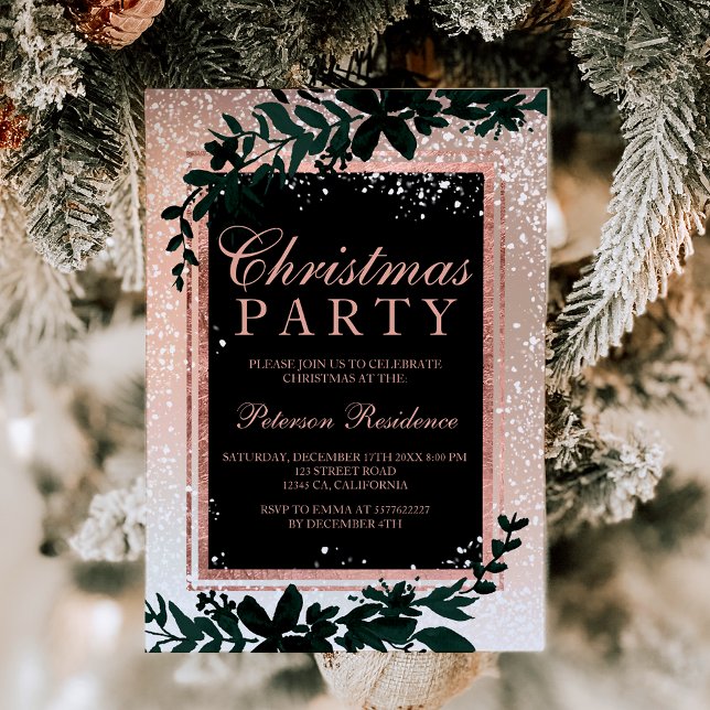 Rose gold typography leaf snow elegant Christmas Invitation (Rose gold typography leaf snow elegant Christmas Invitation)