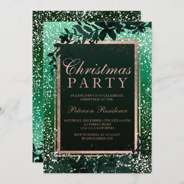 Rose gold typography leaf snow green Christmas Invitation (Front/Back)