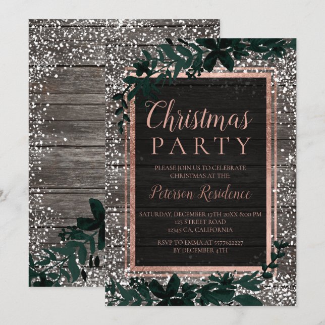 Rose gold typography leaf snow wood Christmas 2 Invitation (Front/Back)