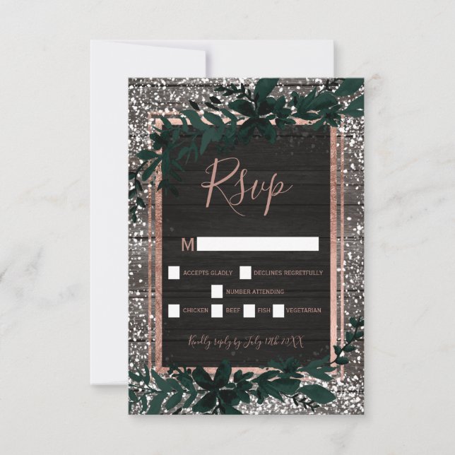 Rose gold typography leaf snow wood rsvp wedding card (Front)