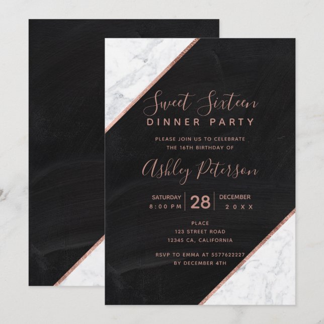 Rose gold typography marble chalkboard Sweet 16 Invitation (Front/Back)