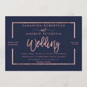 Rose gold typography navy blue chic wedding invitation