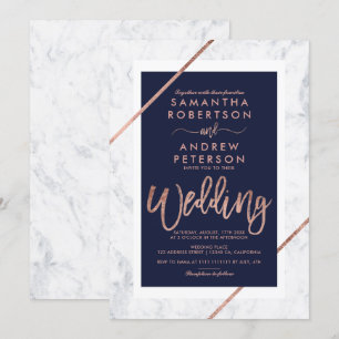 Rose gold typography navy white marble wedding invitation