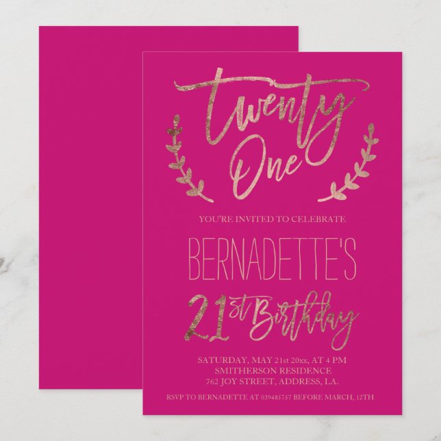 Rose gold typography neon pink 21st Birthday Invitation (Front/Back)