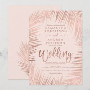 Rose Gold typography palm trees pink wedding Invitation