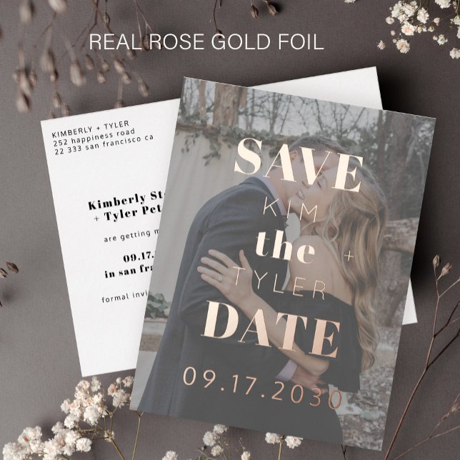 Rose gold typography photo wedding save the date foil invitation postcard (Creator Uploaded)