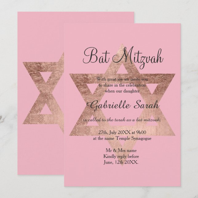 Rose gold typography pink Bat Mitzvah Invitation (Front/Back)