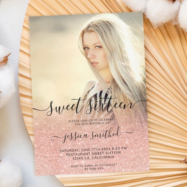 Rose gold typography pink ombre Sweet 16 photo Invitation (Creator Uploaded)