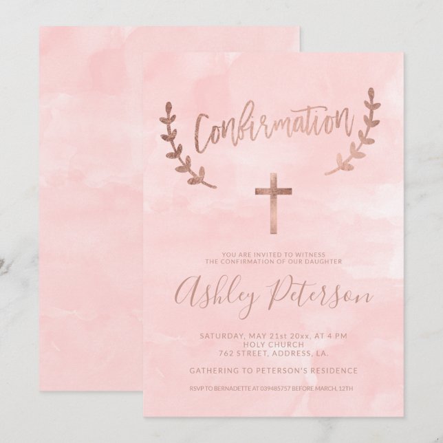 Rose gold typography pink watercolor confirmation invitation (Front/Back)