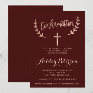 Rose gold typography red burgundy confirmation invitation